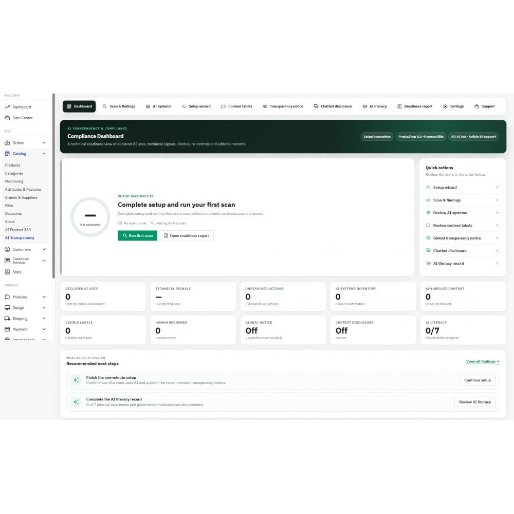 EU AI Act module compliance dashboard in PrestaShop