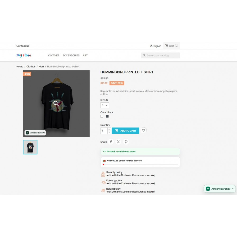 PrestaShop storefront with AI transparency notice on a product page